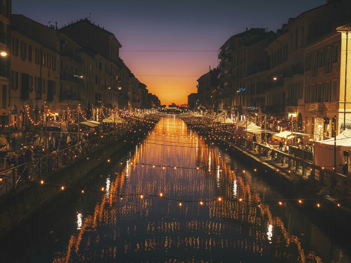 reflective photography of string lights above river