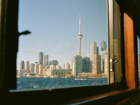 Toronto skyline seen through a window