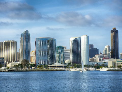 City skyline with boats on the water