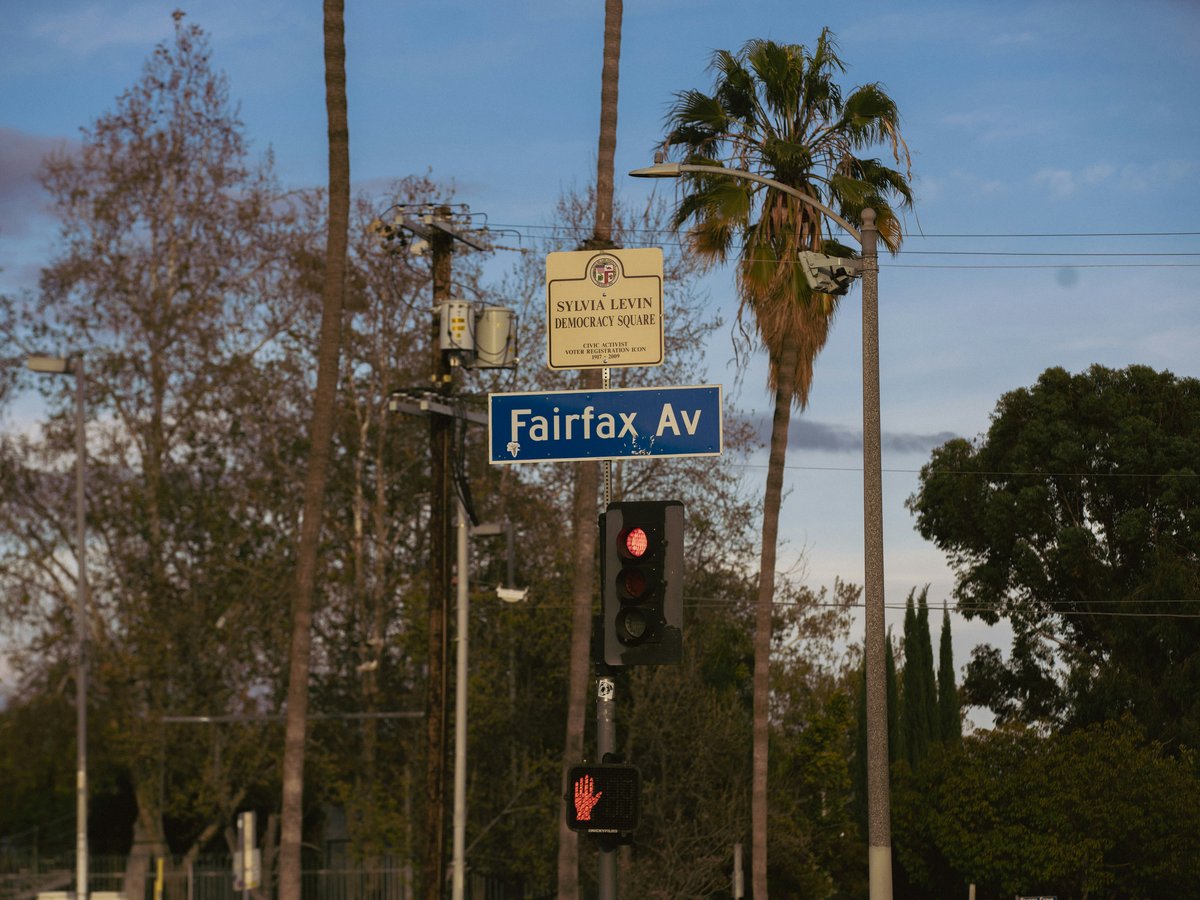 a traffic light with a street sign above it