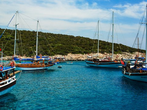 blue and white boat on sea near green mountain under blue sky during daytime