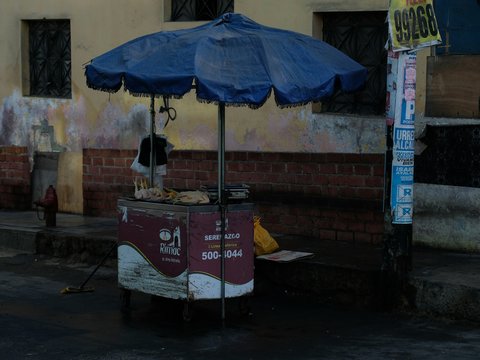 a street vendor selling food under a blue umbrella