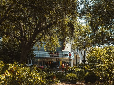 a movie theater surrounded by trees and bushes