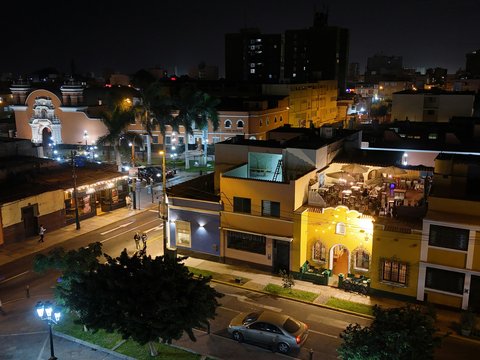 An aerial view of a city at night