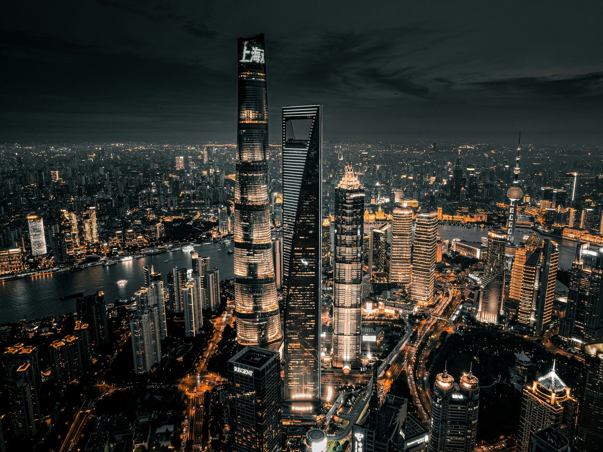 aerial view of city buildings during night time
