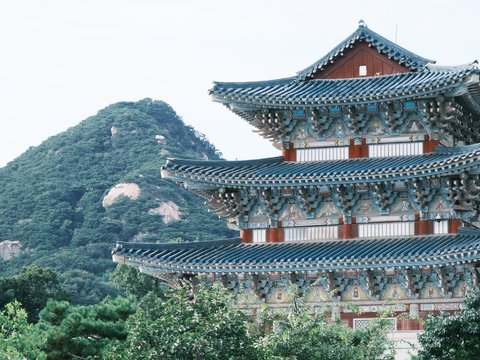 brown and white temple near green trees during daytime