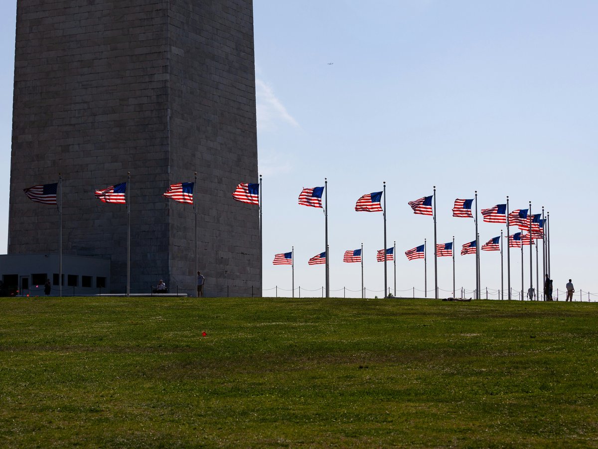 American flags surround the washington monument on a grassy hill