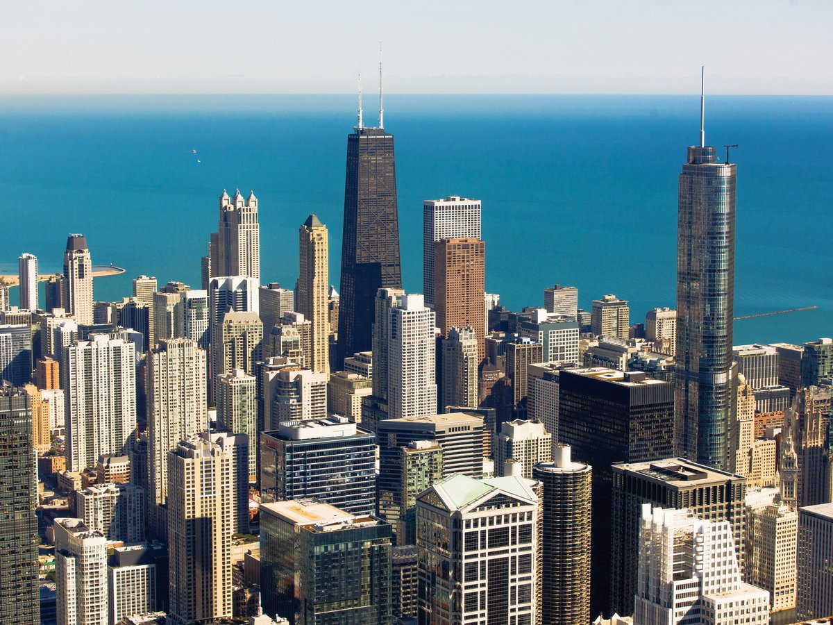 Chicago skyline with lake michigan in the background.