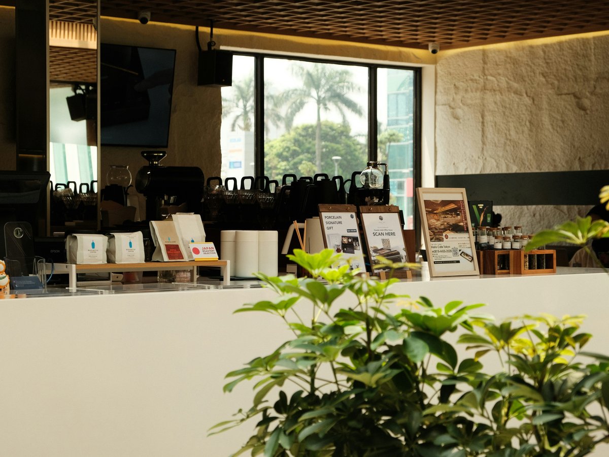 Modern cafe interior with counter and plants