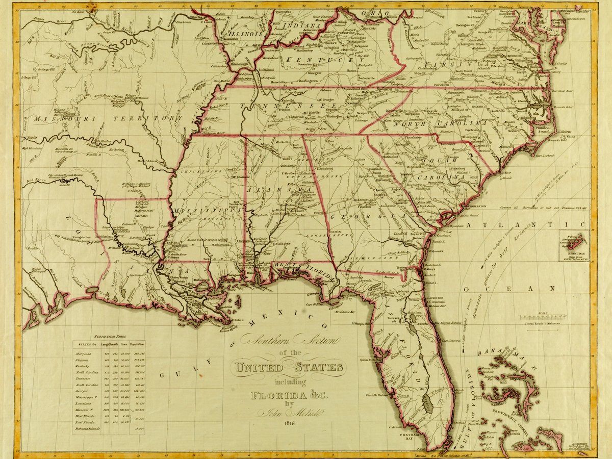 An old map of the southeastern united states and florida.