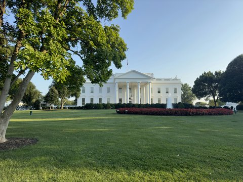 The white house with green lawn and trees