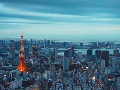 tokyo tower illuminated at dusk with city skyline