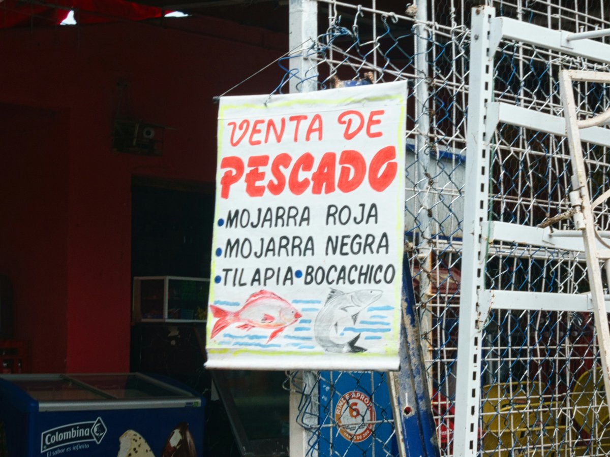 Venta de pescado sign listing fish types