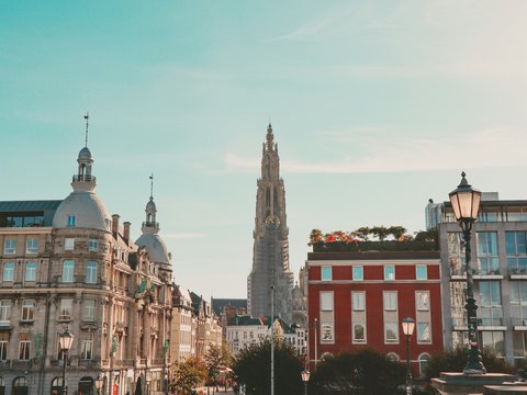 a city with buildings and a tower