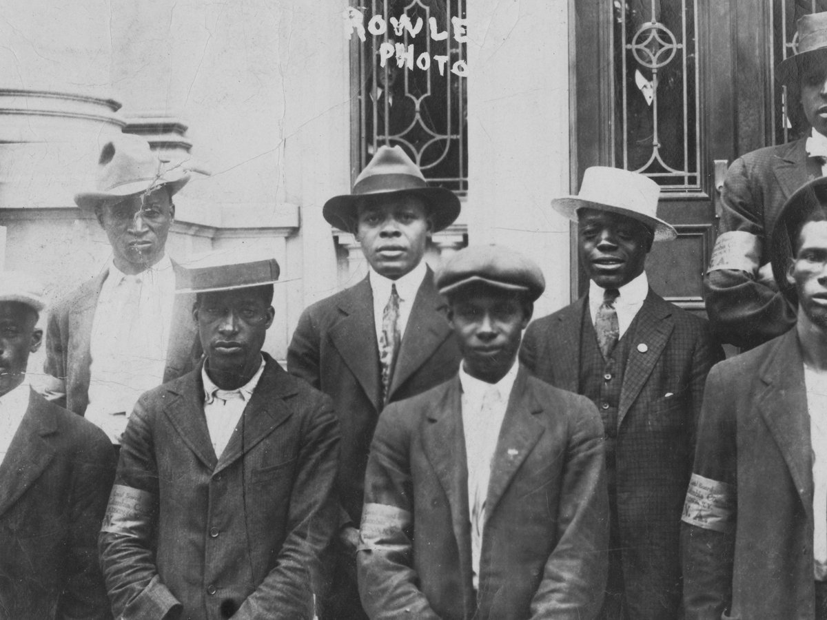 Unidentified African American recruits for the 15th New York National Guard Regiment heading to Camp Upton, New York.