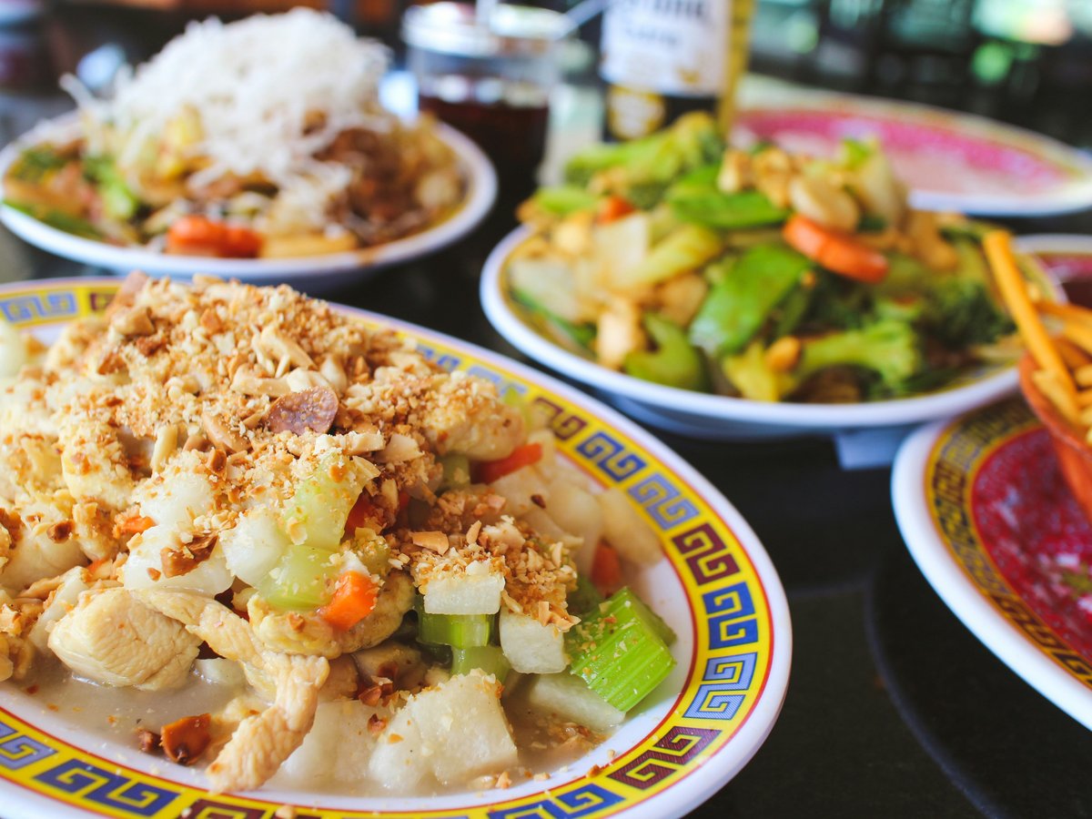 a table full of plates of food