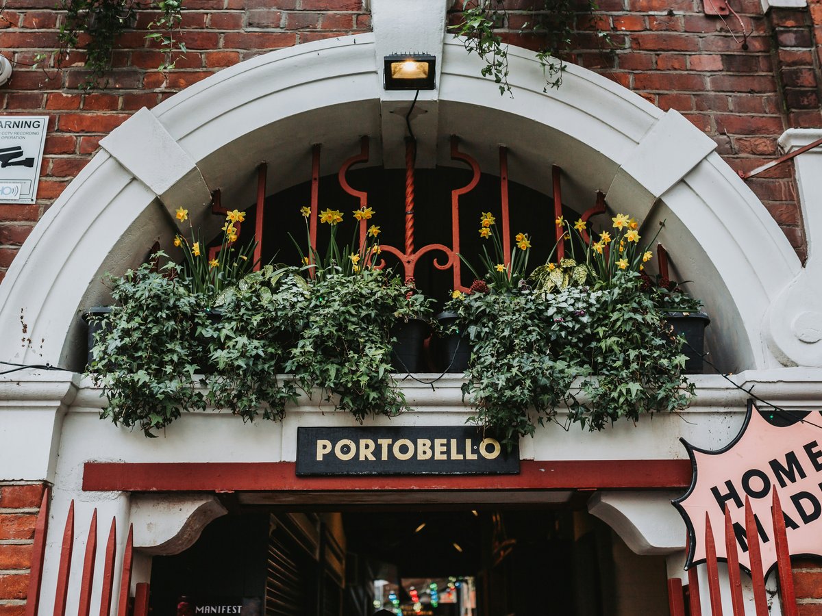 a building with a sign and plants on the windows