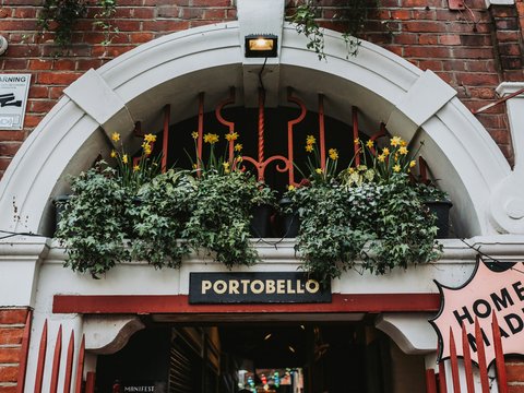 a building with a sign and plants on the windows