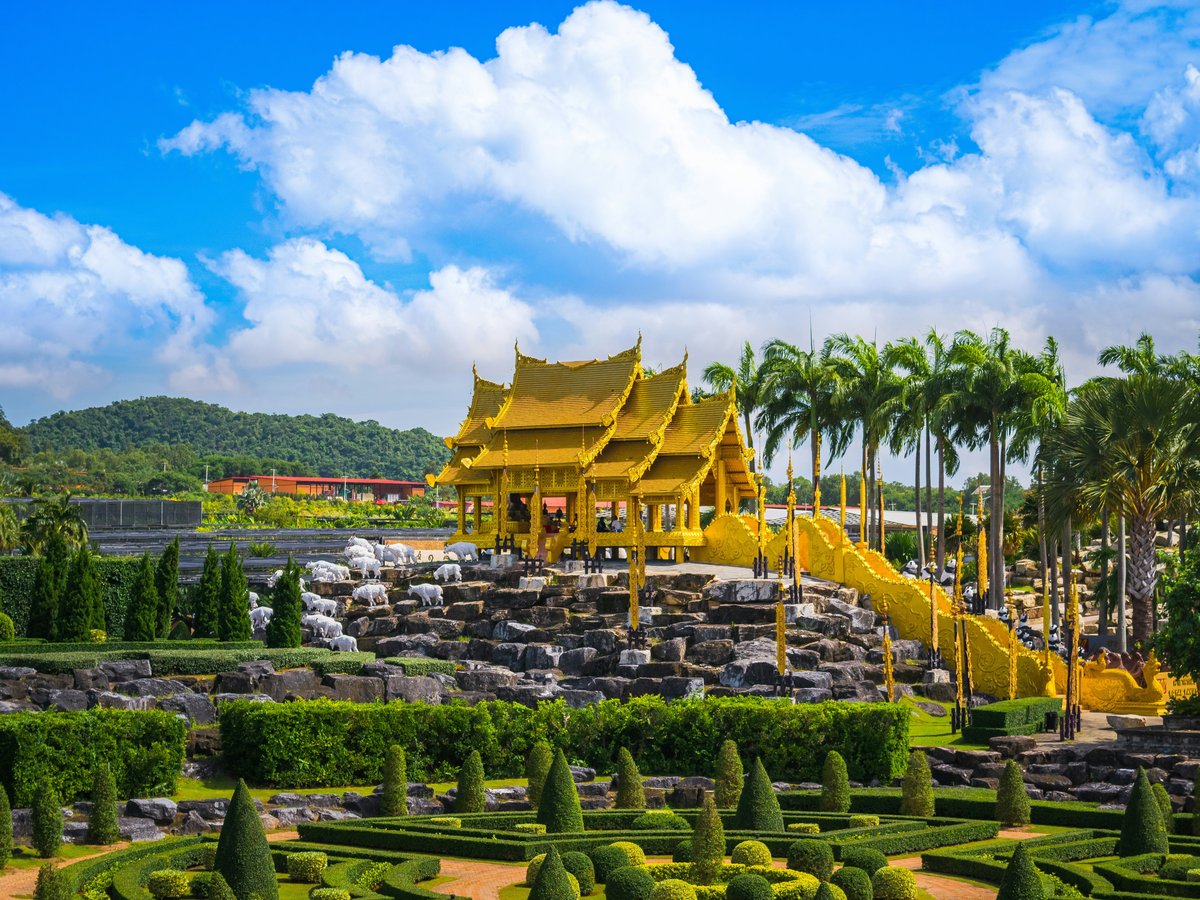 a view of a garden with a yellow building in the background