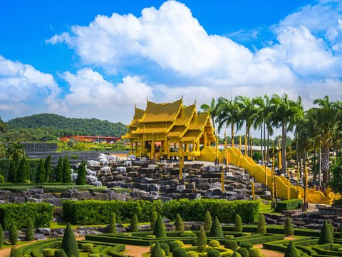 a view of a garden with a yellow building in the background