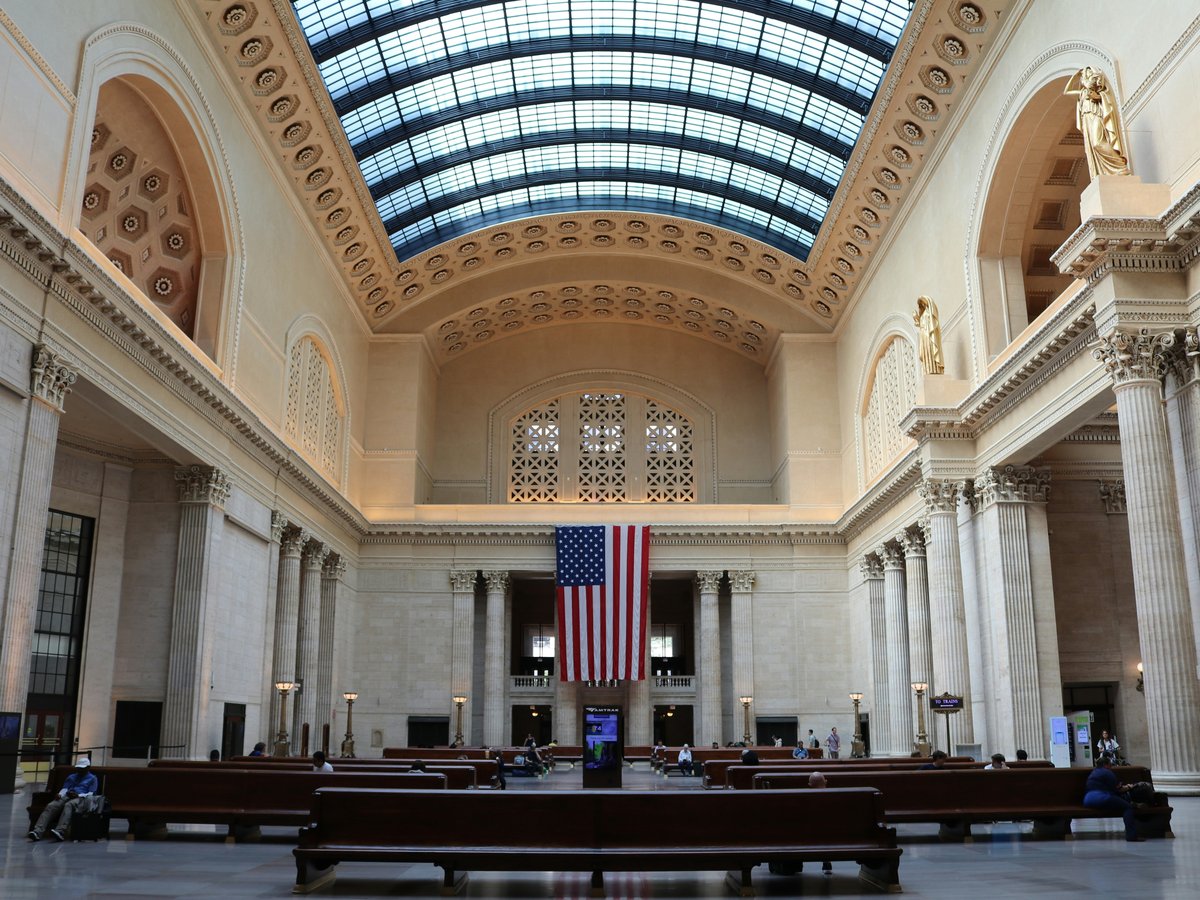 a large church with a flag