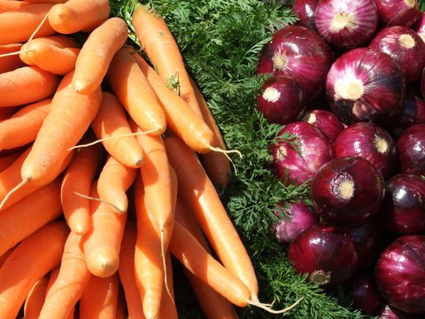 Carrots and red onions at a market display.