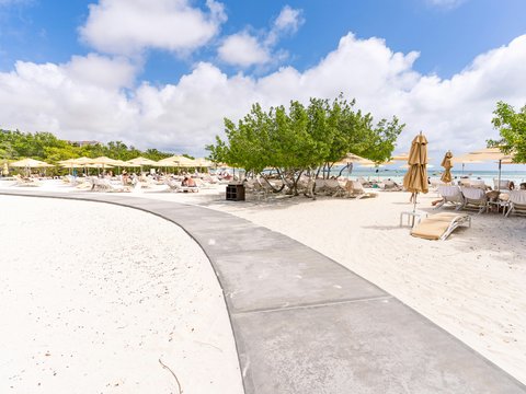 a beach with chairs and umbrellas