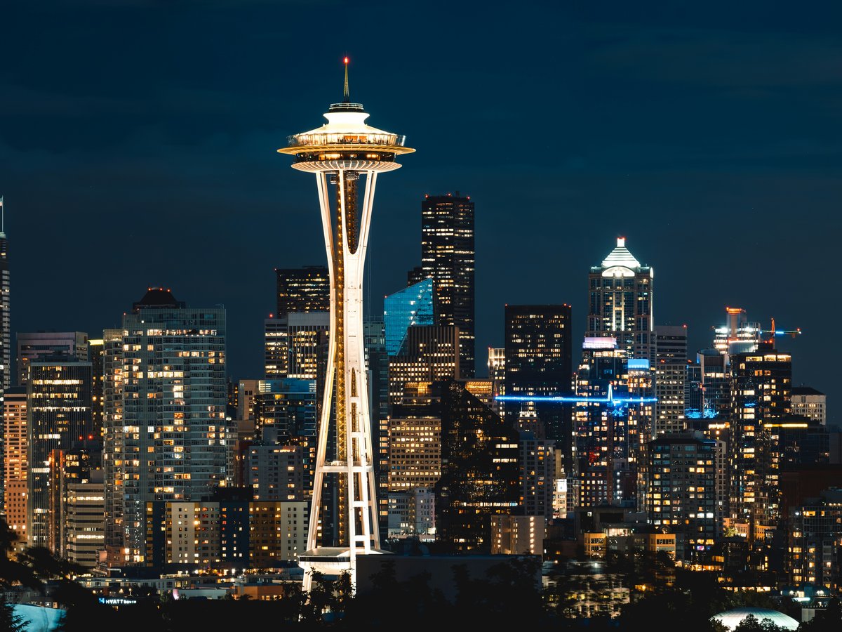 Space Needle tower at night