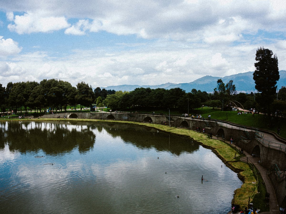 a lake surrounded by trees and a bridge