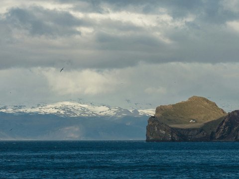 landscape photography of an island and snow covered mountain