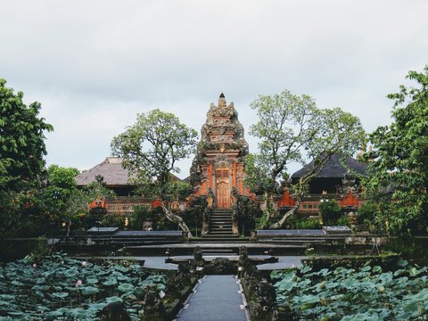 a large building surrounded by trees and plants