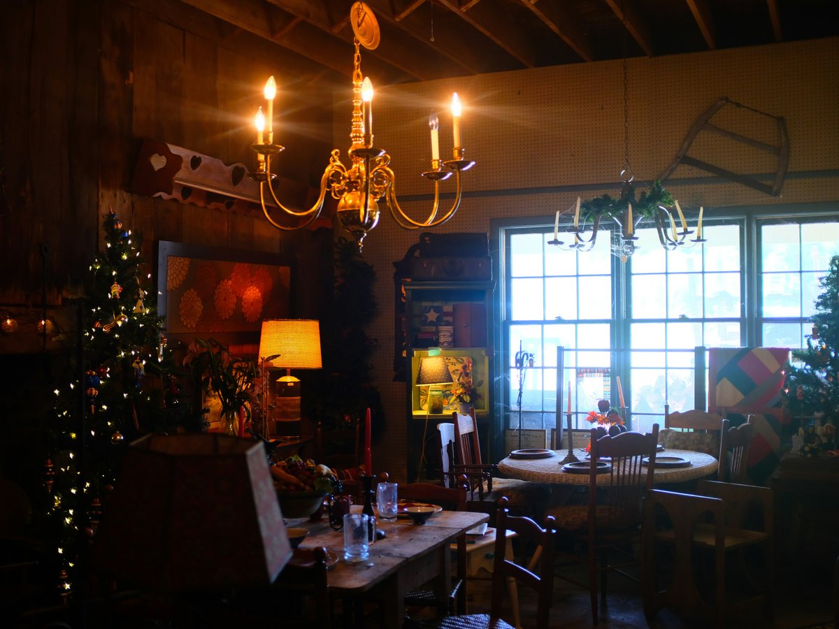a living room with a christmas tree and a chandelier