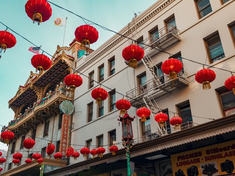 a building with many lanterns