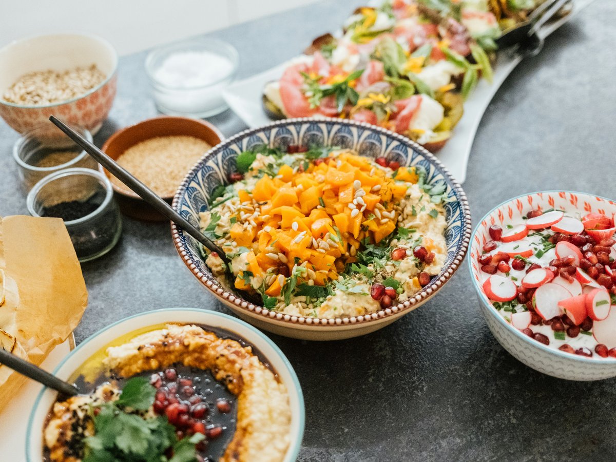 a table is filled with food