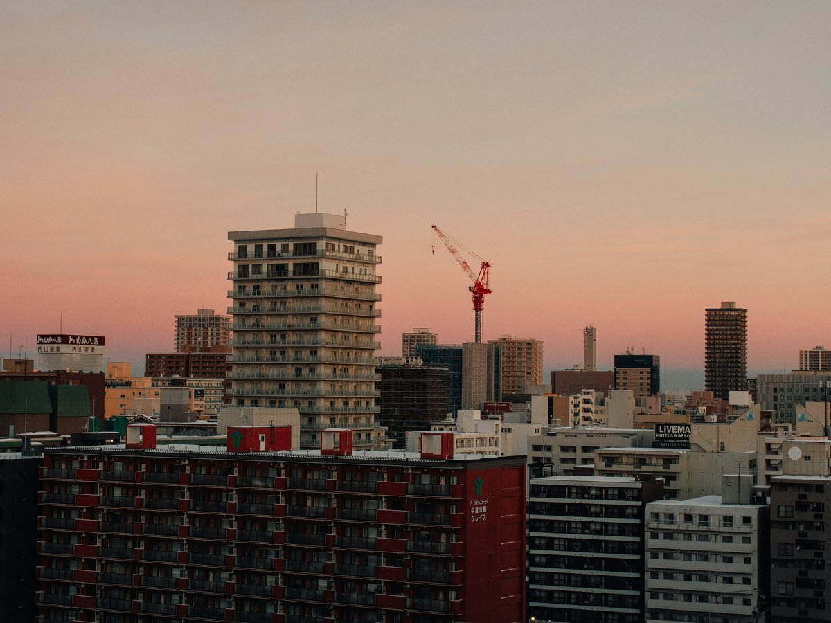 City skyline with buildings at sunset