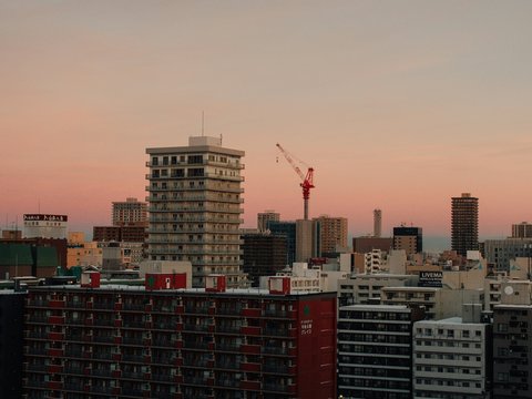 City skyline with buildings at sunset