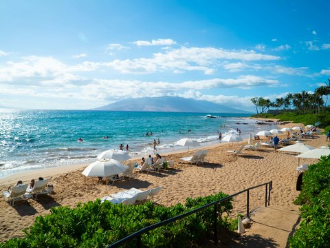 a beach filled with lots of white umbrellas next to the ocean
