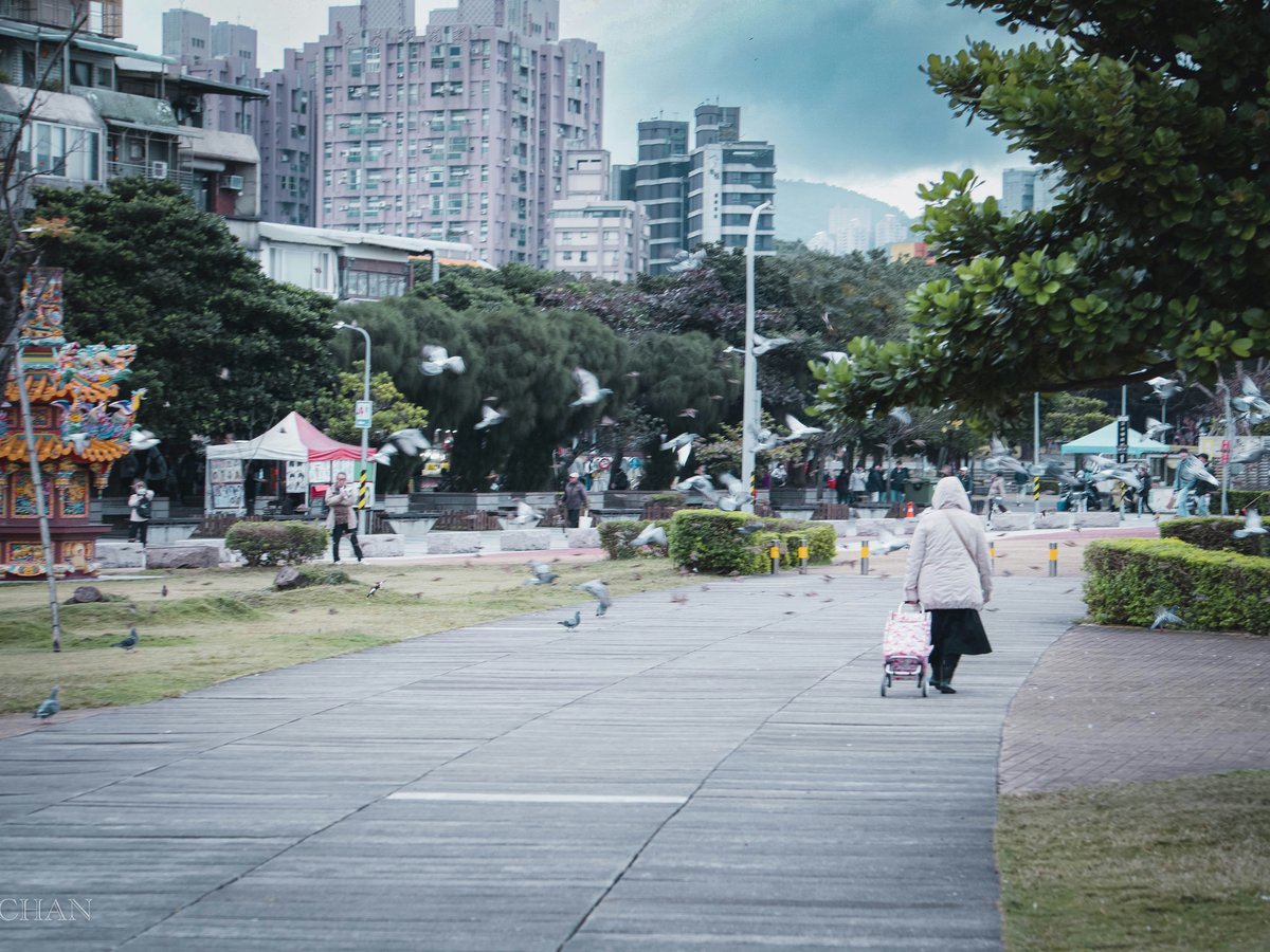 A woman walking down a sidewalk next to a park
