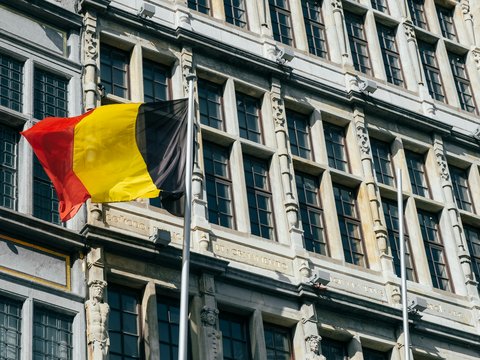 a flag flying in front of a building