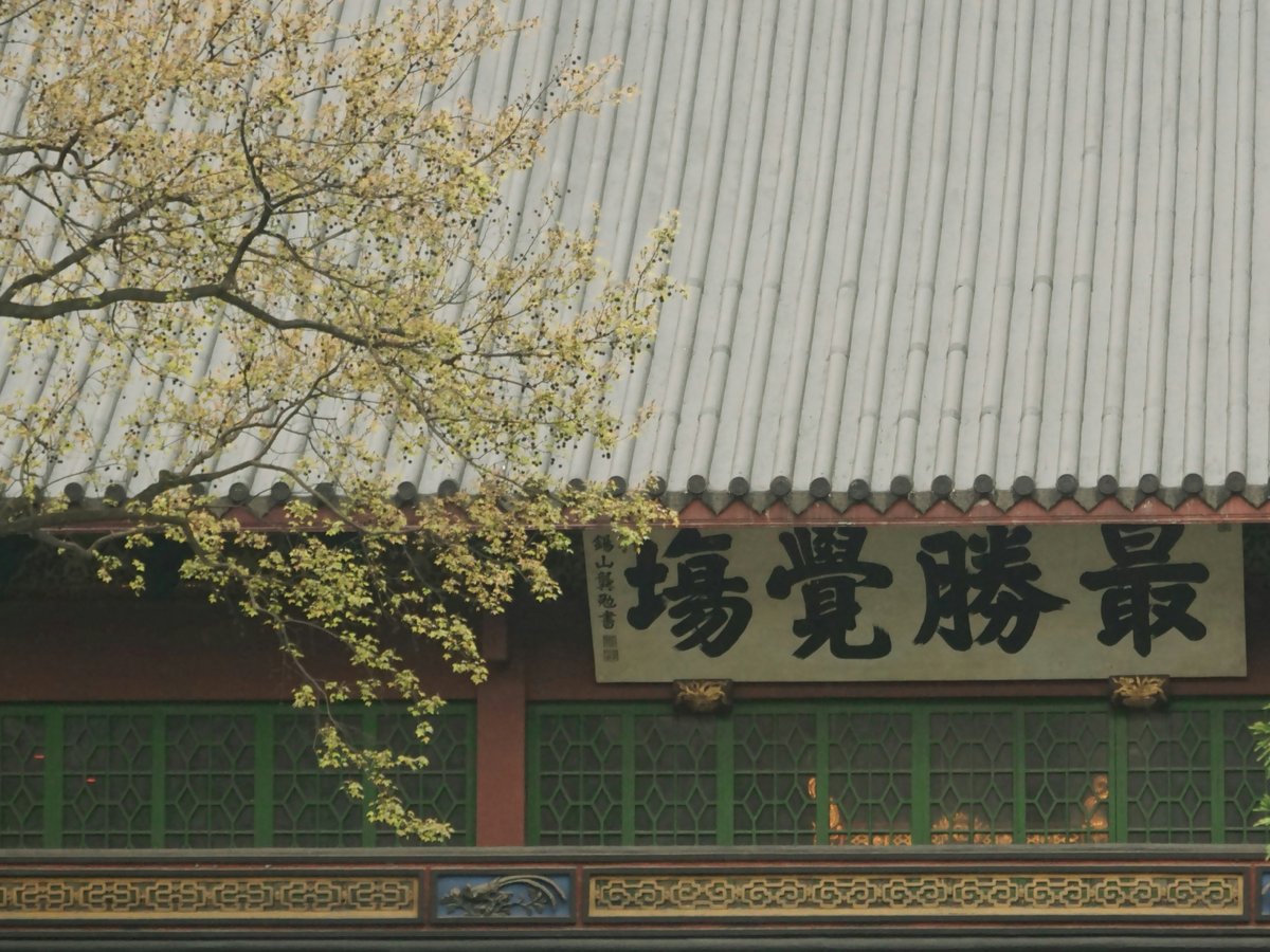 Ornate traditional building with a sign and budding tree.