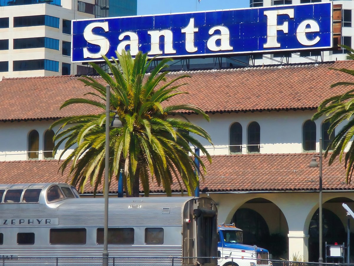 Santa fe train station with palm trees and train