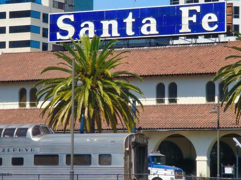 Santa fe train station with palm trees and train