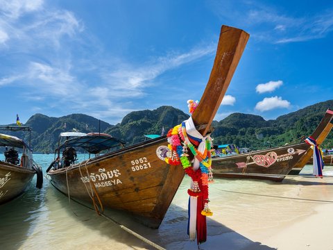 person standing inside the brown boat parked on the seashore