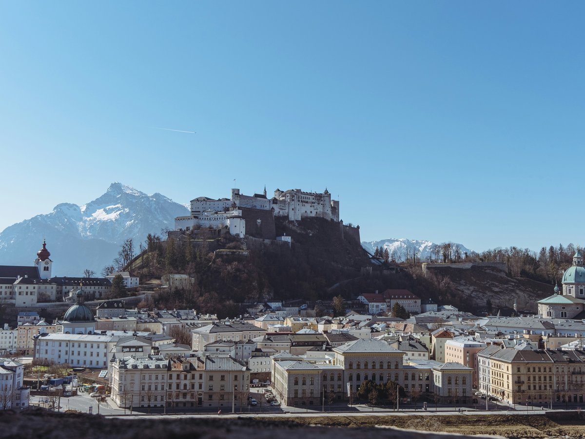 a view of a city with a castle on a hill in the background