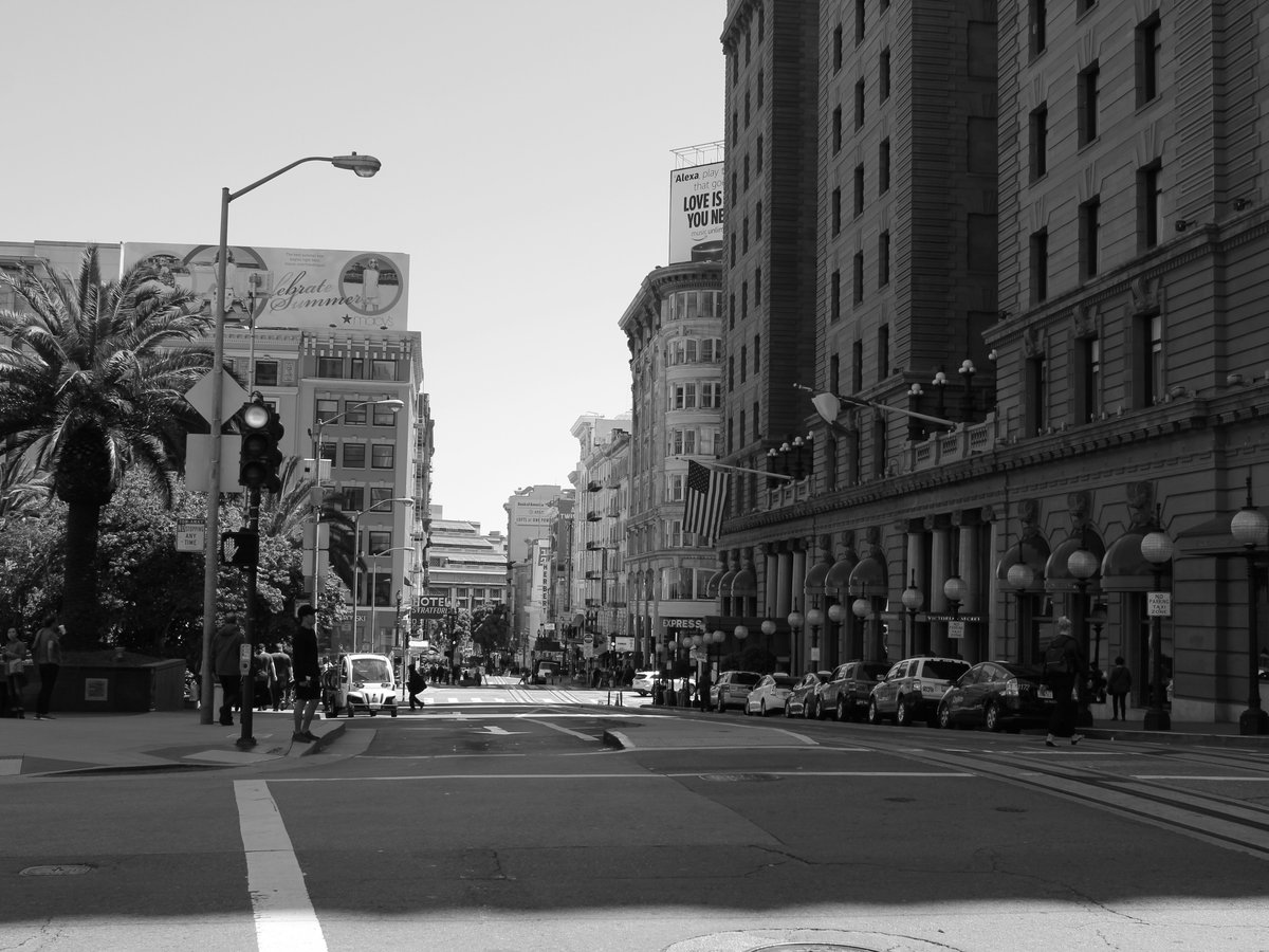 grayscale photo of city street