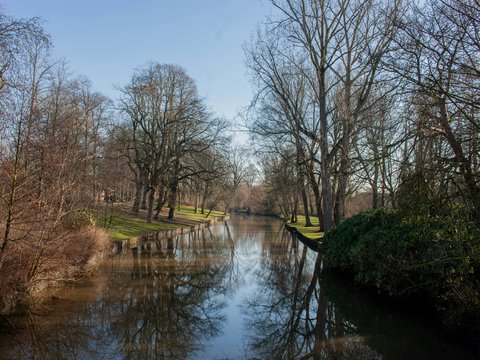A body of water surrounded by trees and grass