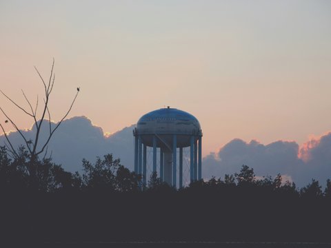 white and grey water tank in middle of trees