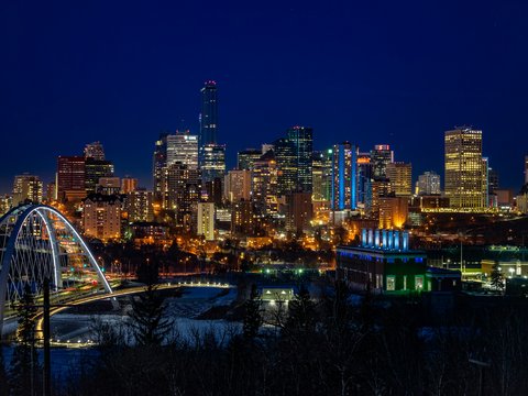 city skyline during night time