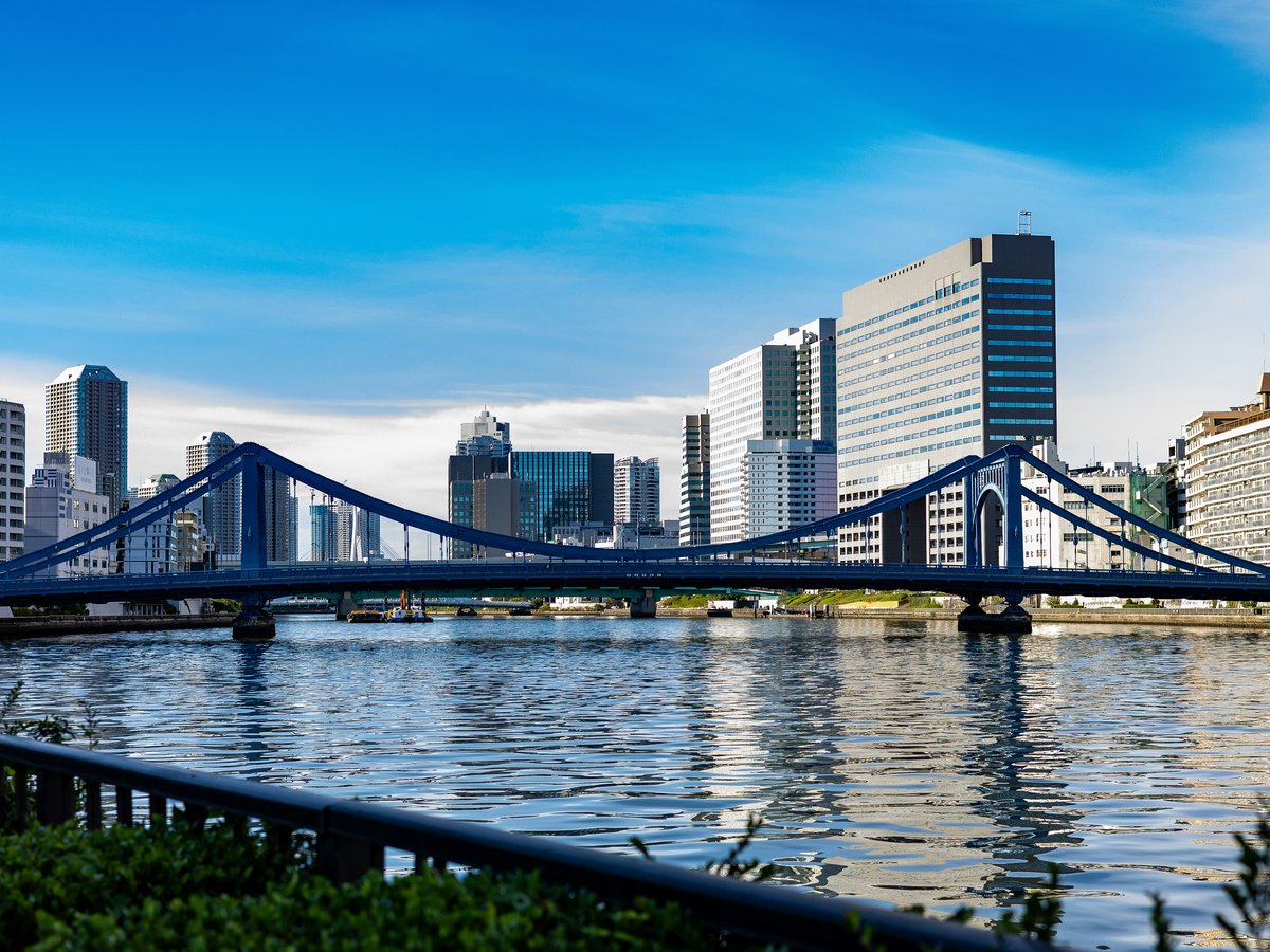 Modern city skyline with a bridge over water