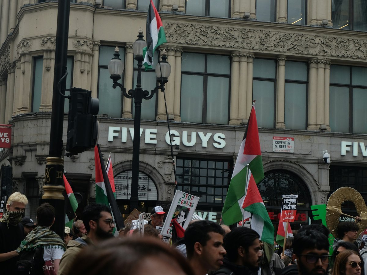 A crowd of people holding flags and signs in front of a building